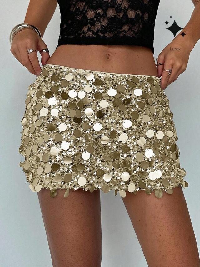 gold sequin embellished low waist mini skirt