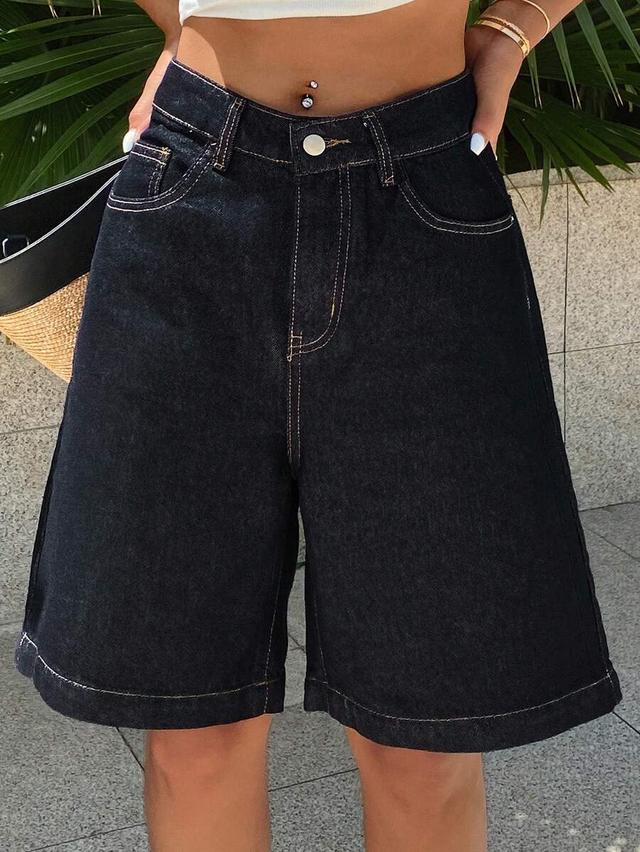 dark wash denim bermuda shorts with contrast stitching