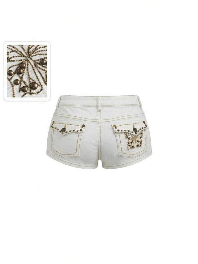 white denim shorts with butterfly embroidery and studs