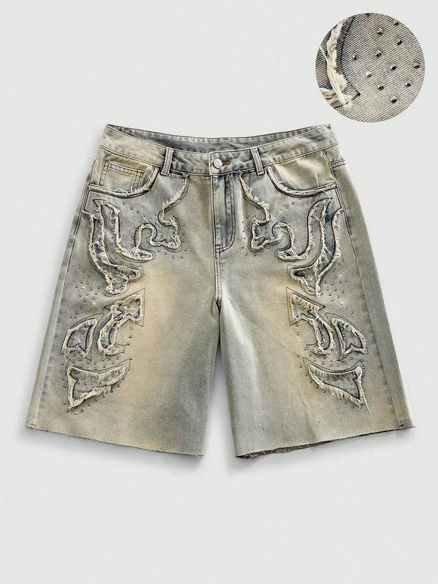 distressed washed denim shorts with rhinestone applique