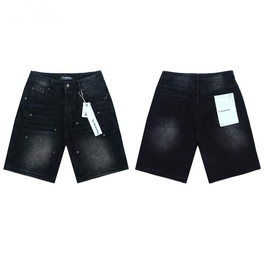 dark grey star-studded black denim shorts
