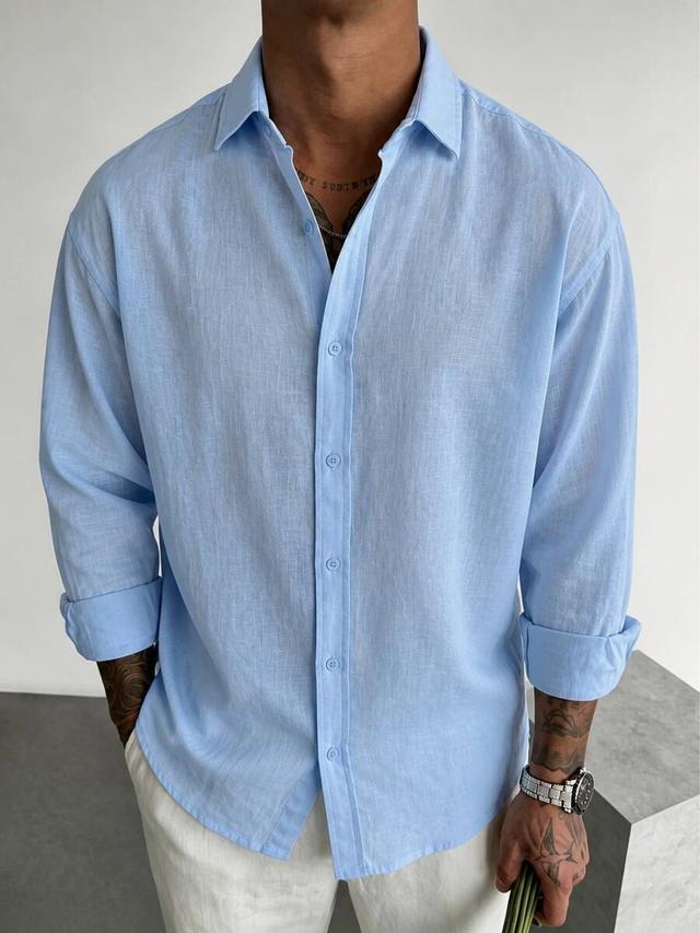 minimalist smart men's light blue linen shirt
