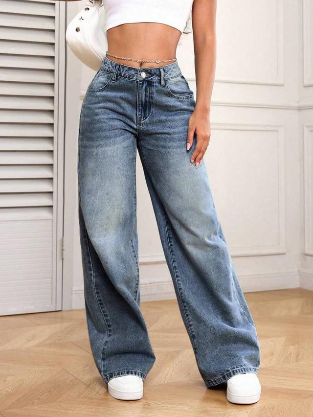 petite casual mid-waist loose straight leg washed denim jeans