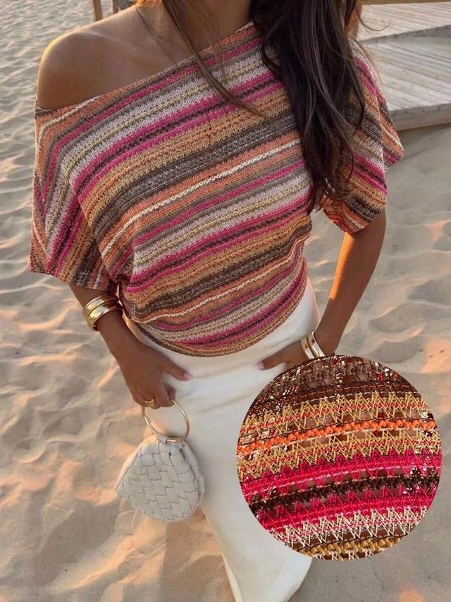 bohemian pink stripe asymmetric neck faux crochet blouse