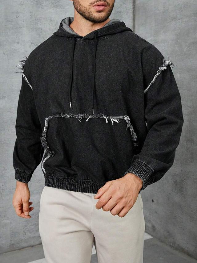 black denim hooded jacket with frayed edge details