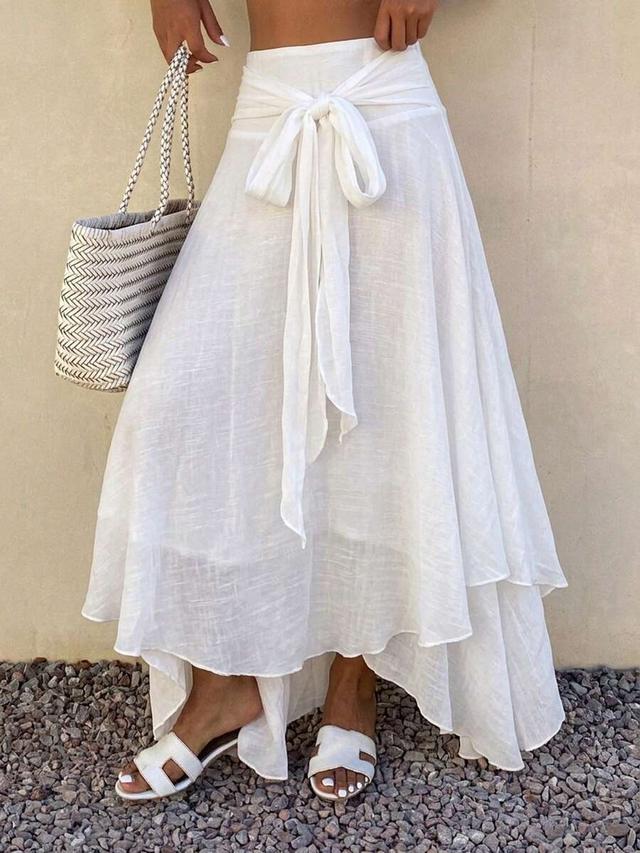 white linen blend vacation style lace-up skirt