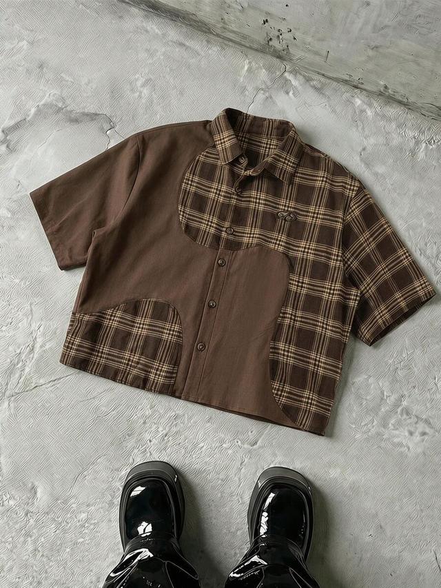 brown plaid patchwork short sleeve casual shirt