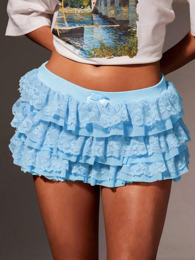 light blue lace ruffle trim low waist micro shorts
