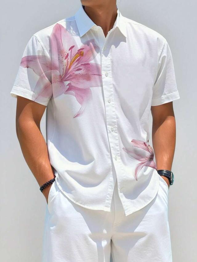 white and pink lily floral print short sleeve shirt