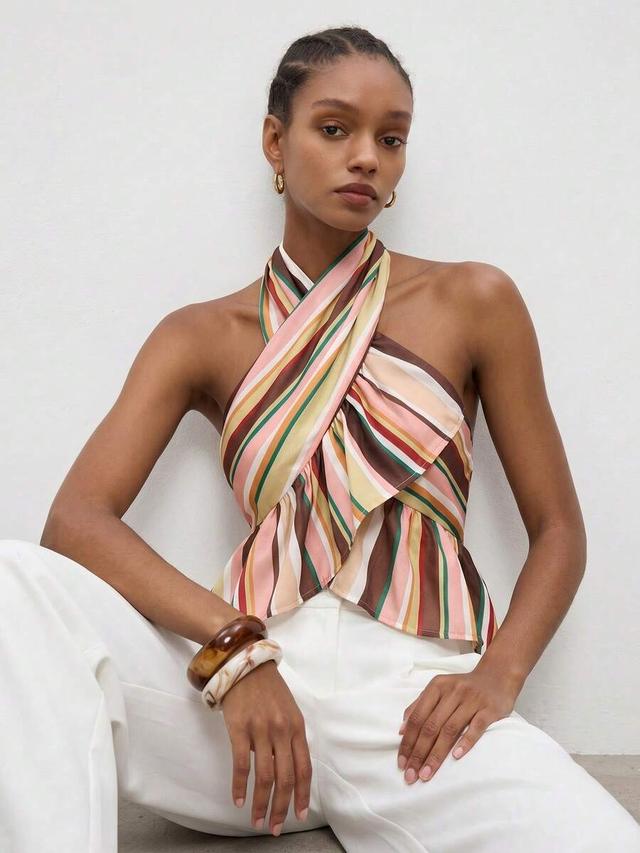 maija brown striped halter crossover ruffle hem crop top