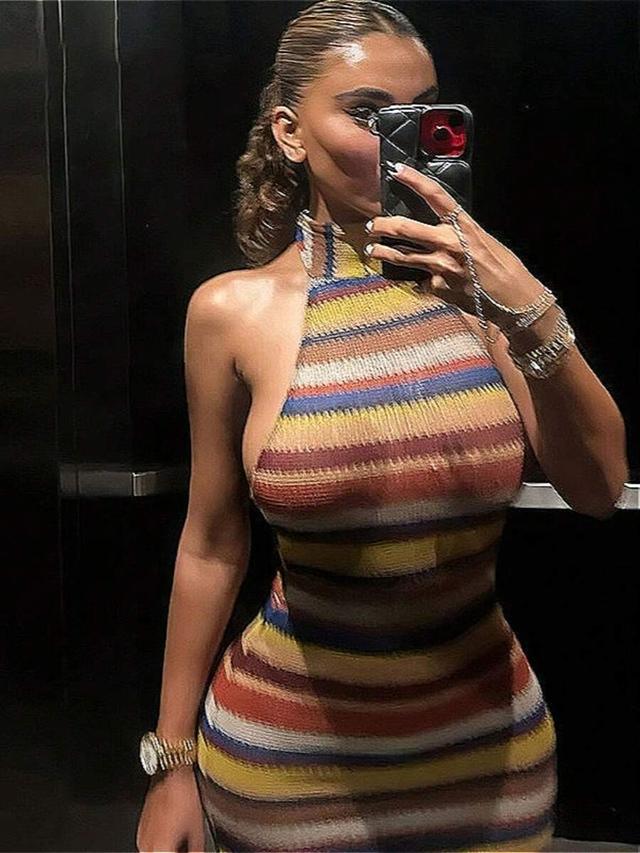 multicolor striped knit halter neck bodycon dress