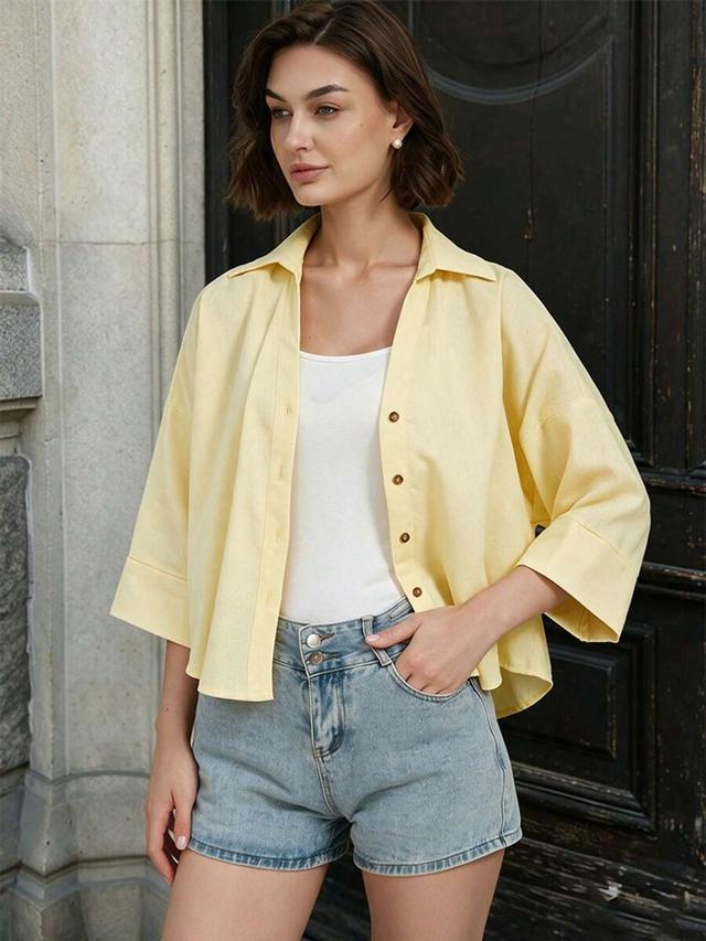 butter yellow loose casual button up shirt