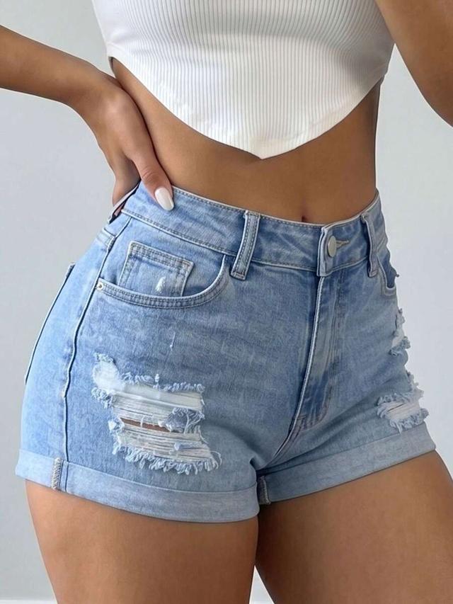 light wash distressed denim cuffed shorts