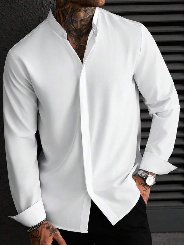 white stand-up collar long sleeve button shirt