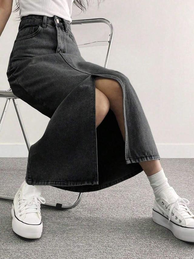 simple grey denim midi skirt with front slit