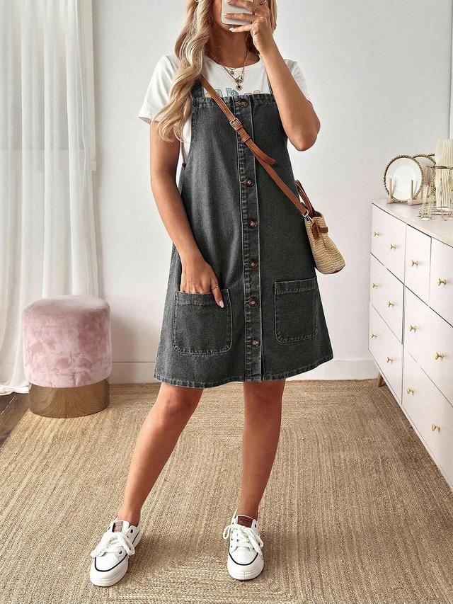 charcoal grey denim button-front pinafore dress