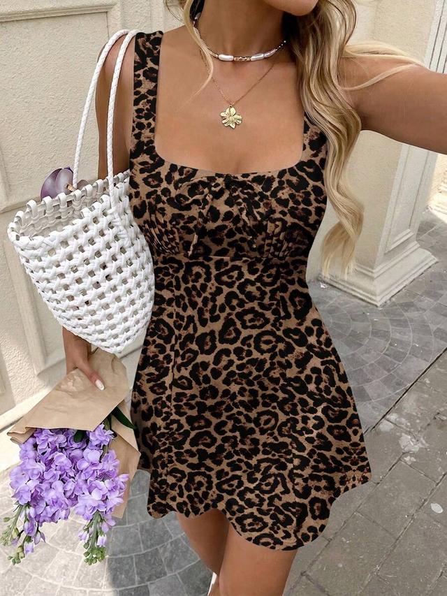 leopard print square neck mini dress