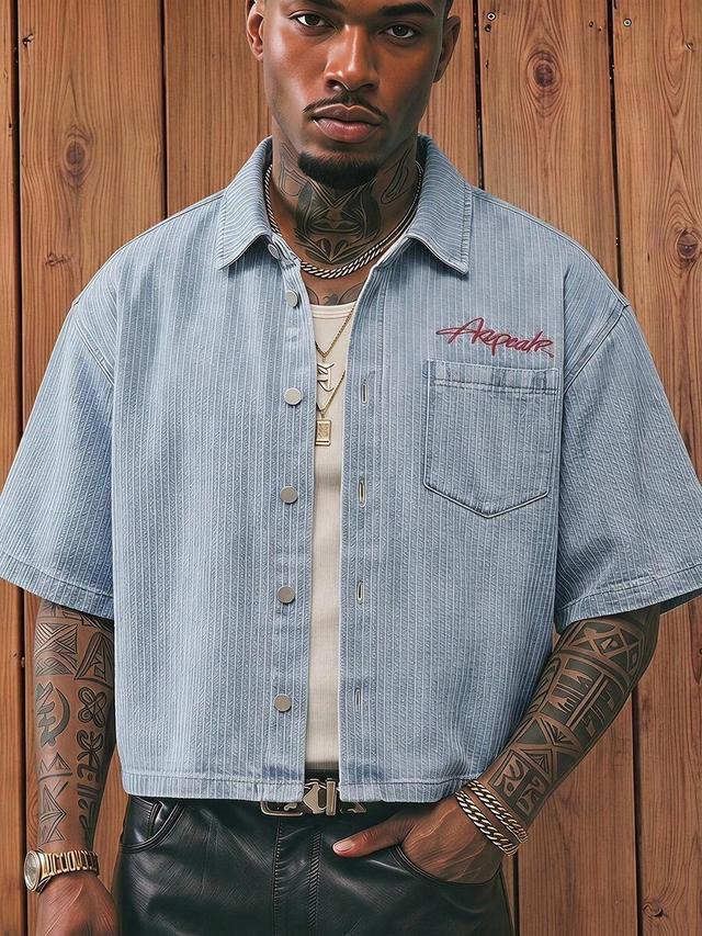 light blue textured denim short sleeve shirt