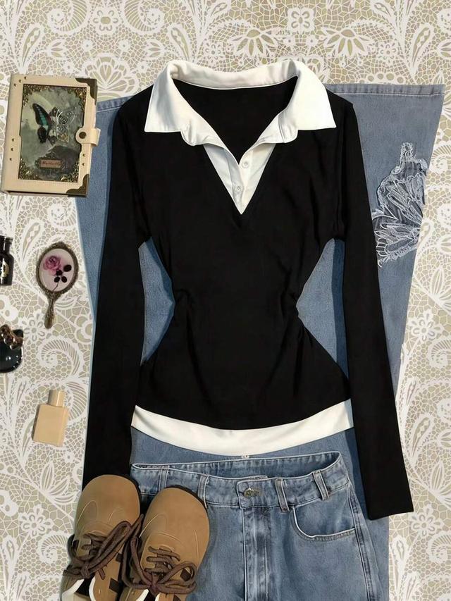 islasuriya contrast color shirt collar long sleeve top