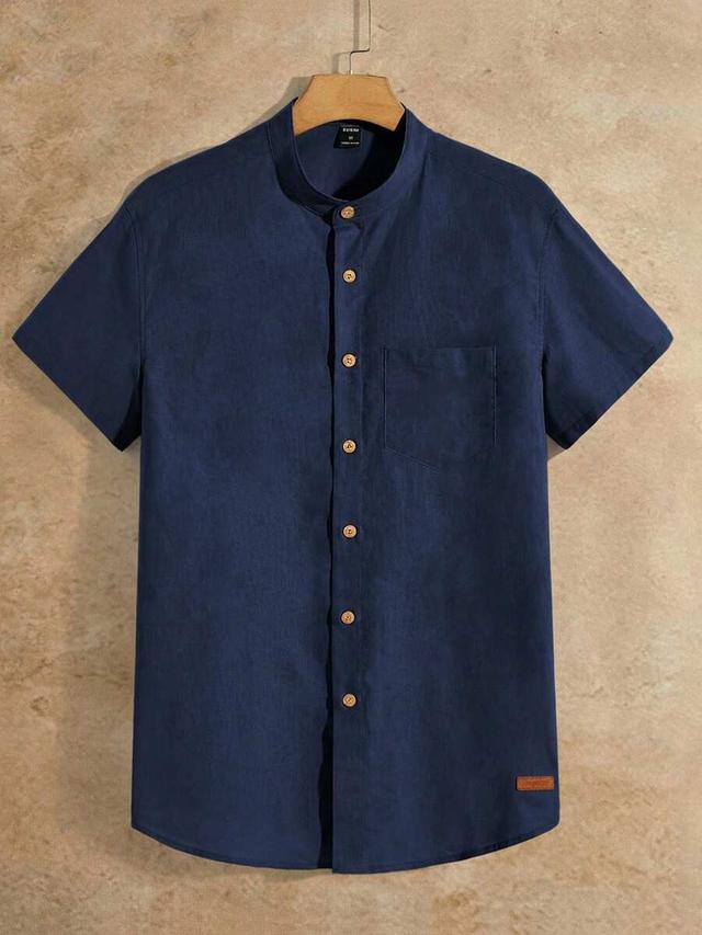 men's casual navy linen blend stand collar shirt