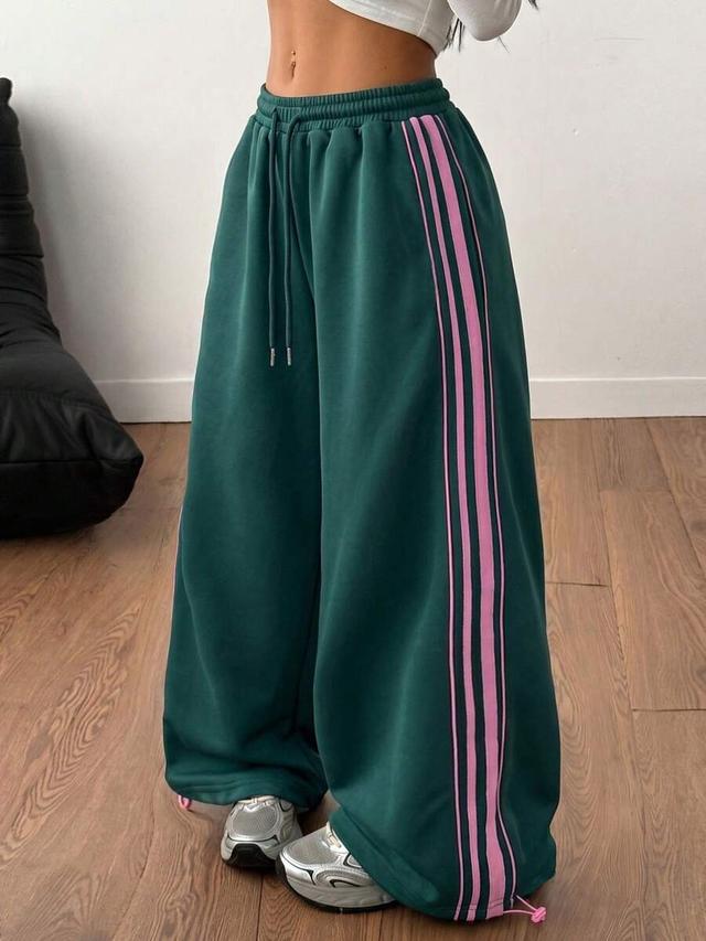 pink and green banded texture wide leg sweatpants