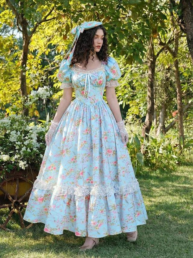 light blue floral puff sleeve cottagecore maxi dress