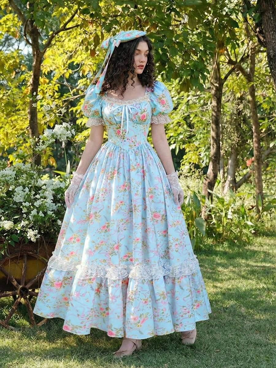 light blue floral puff sleeve cottagecore maxi dress