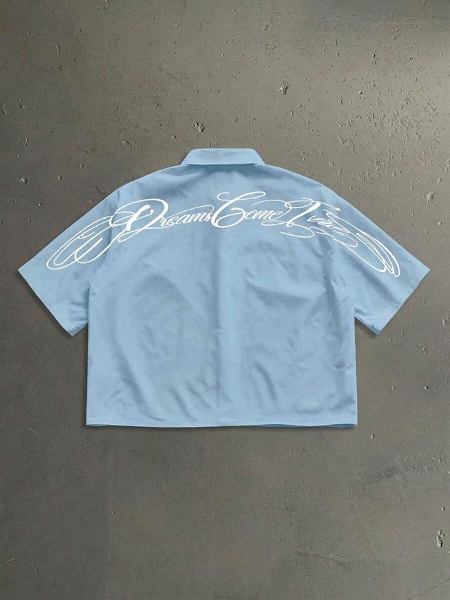 light blue casual letter print short sleeve shirt