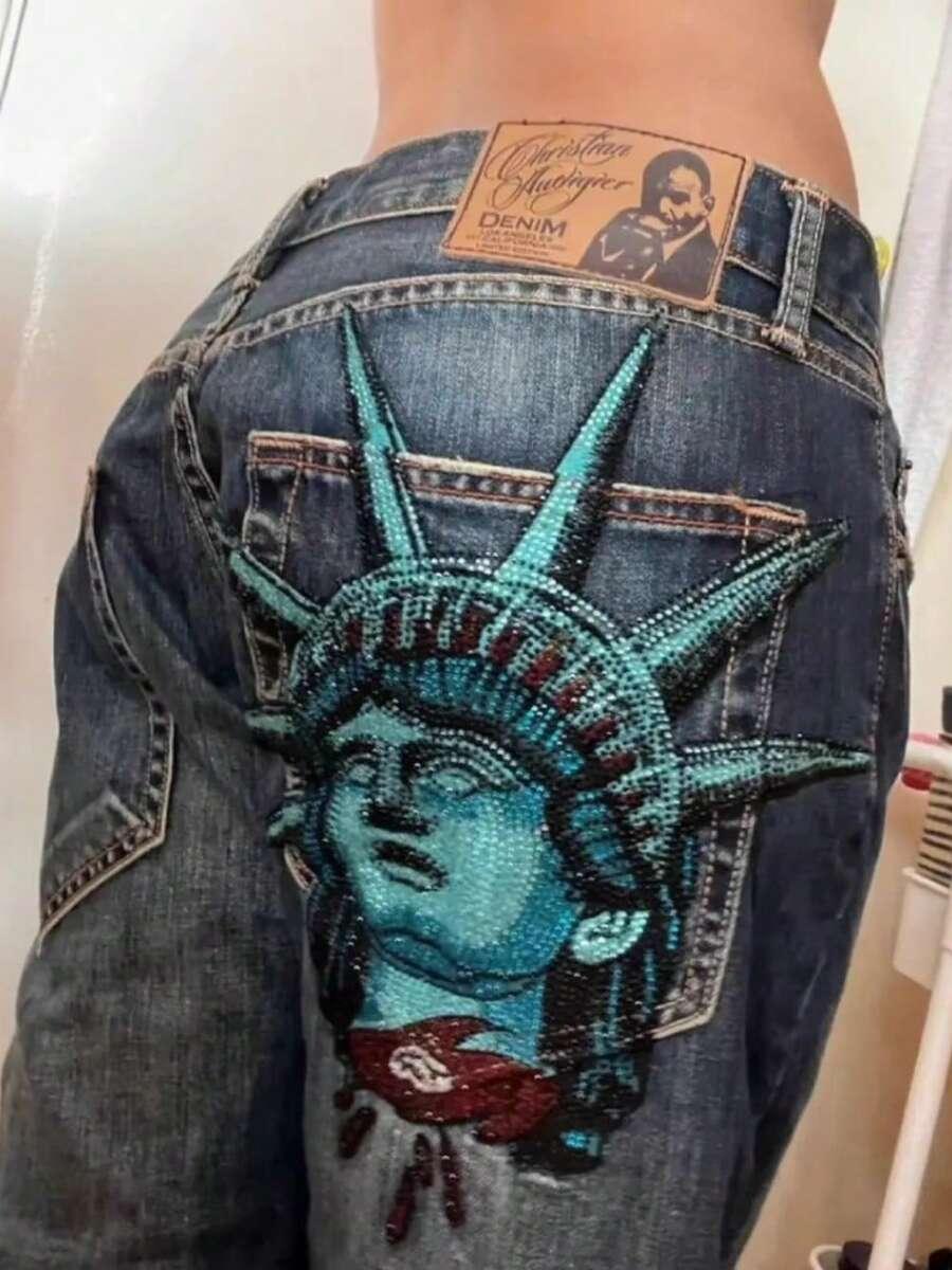 retro washed straight leg denim jeans with beaded detail