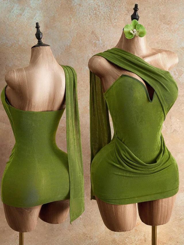olive green draped one-shoulder mini tube dress