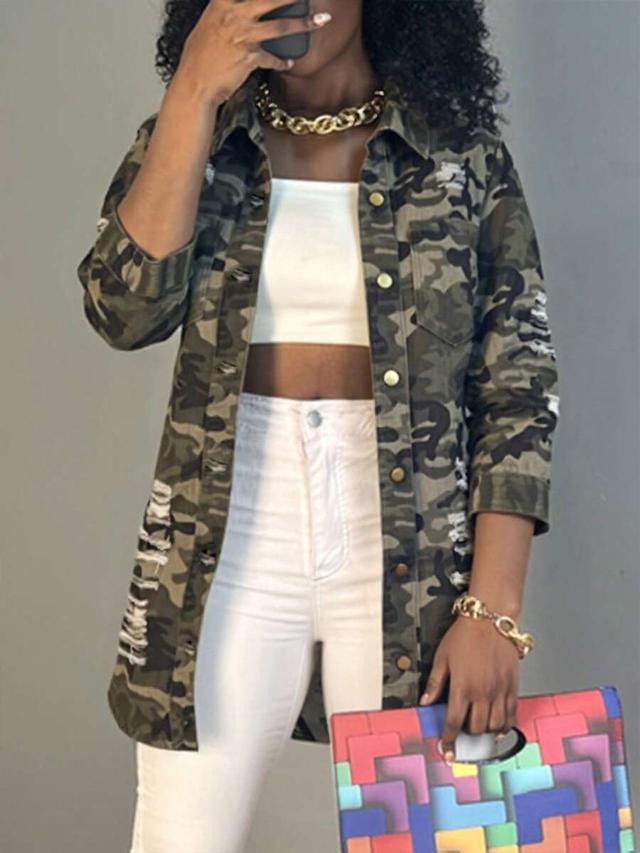 women's camo print distressed denim button-up jacket
