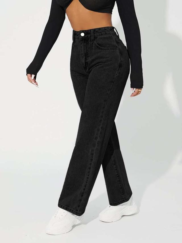 high waist straight leg black denim jeans