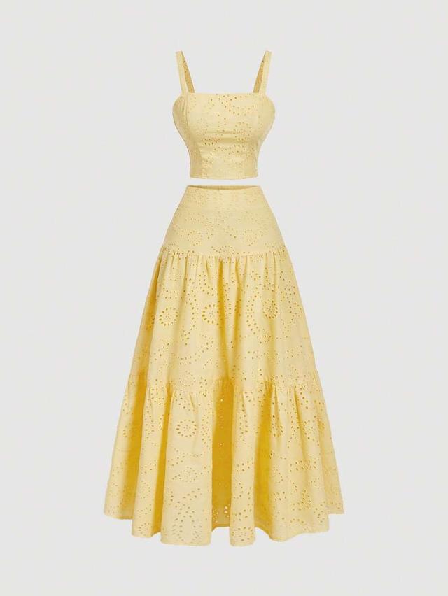 yellow embroidered eyelet cotton maxi skirt set