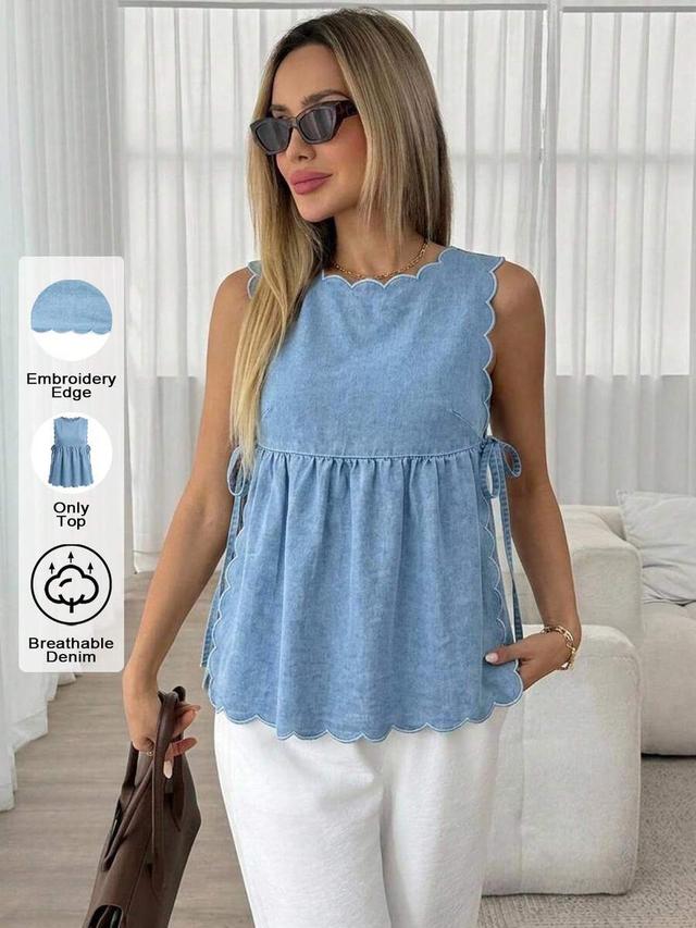 light blue scalloped edge sleeveless denim tie-up top