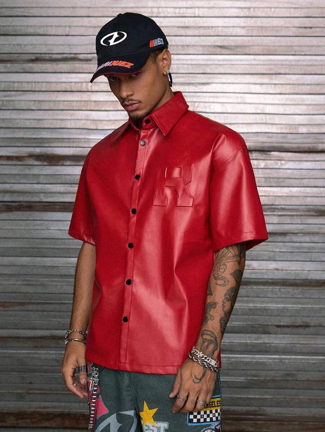 red faux leather short sleeve button up shirt
