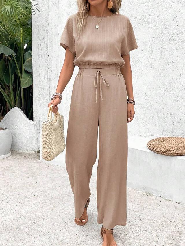 solid brown batwing sleeve top and wide-leg trousers set
