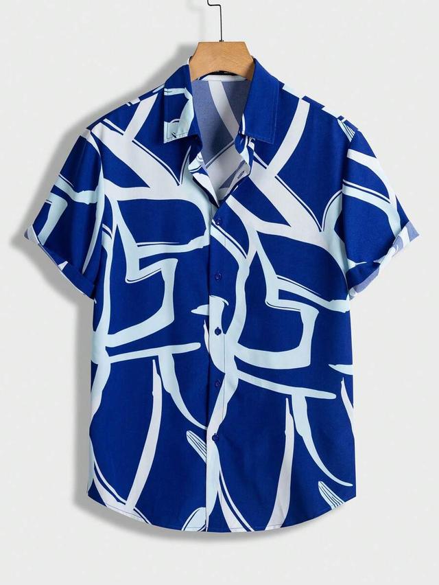blue and white abstract graphic print short sleeve shirt