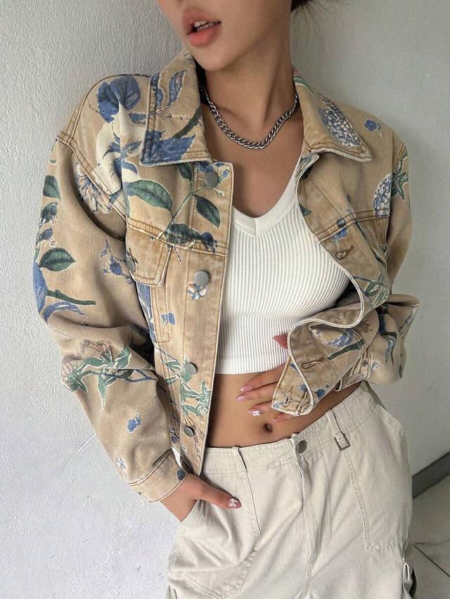 floral print tan denim trucker jacket