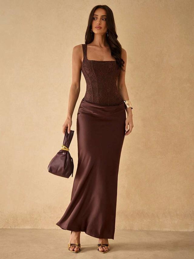chocolate brown lace bodice satin midi dress