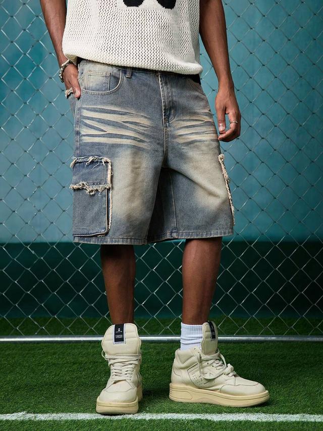 vintage washed multi-pocket denim bermuda shorts