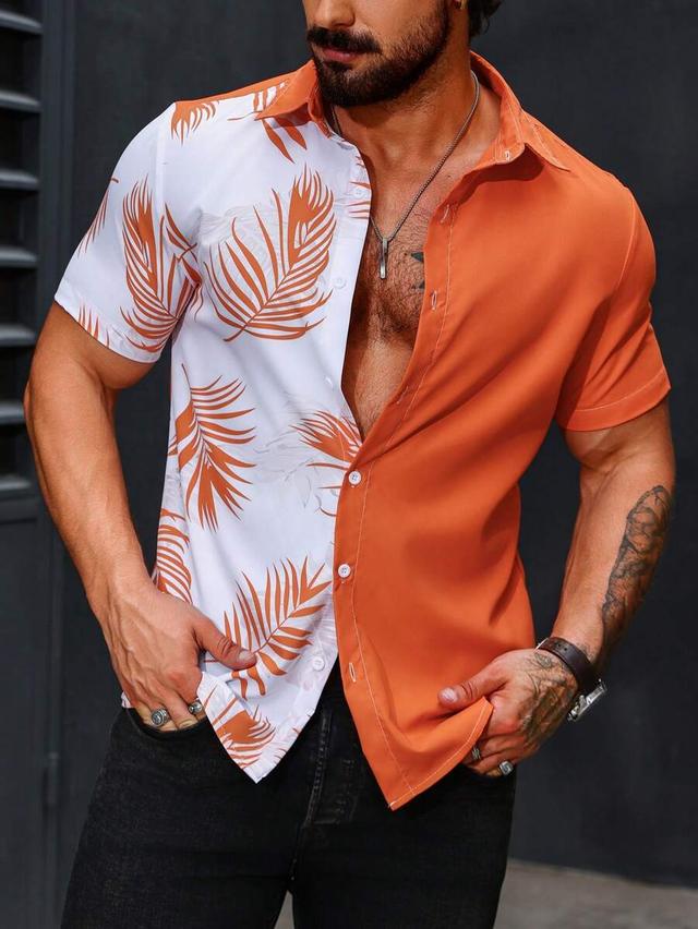 orange and white palm print color block shirt