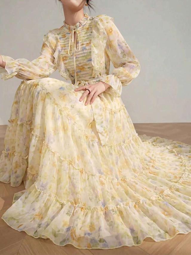 women's elegant floral long sleeve ruffle patchwork flared dress