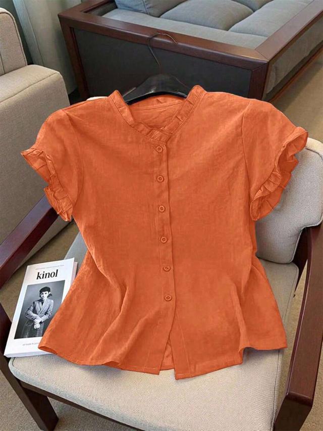 resyla women's solid orange frill trim casual shirt