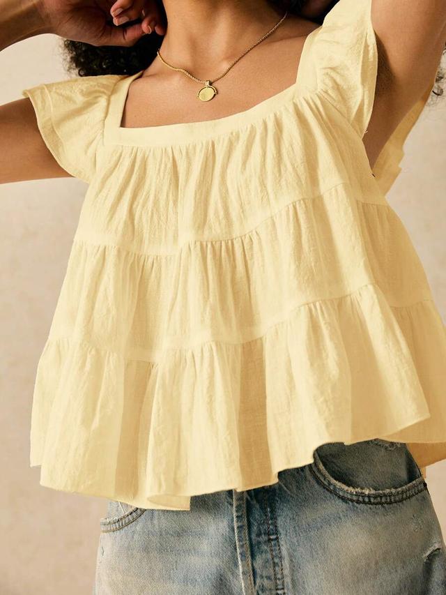 yellow square collar ruffle sleeve tiered blouse