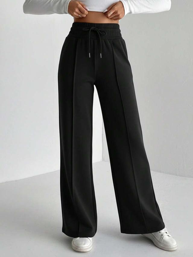 solid black drawstring waist wide leg sweatpants