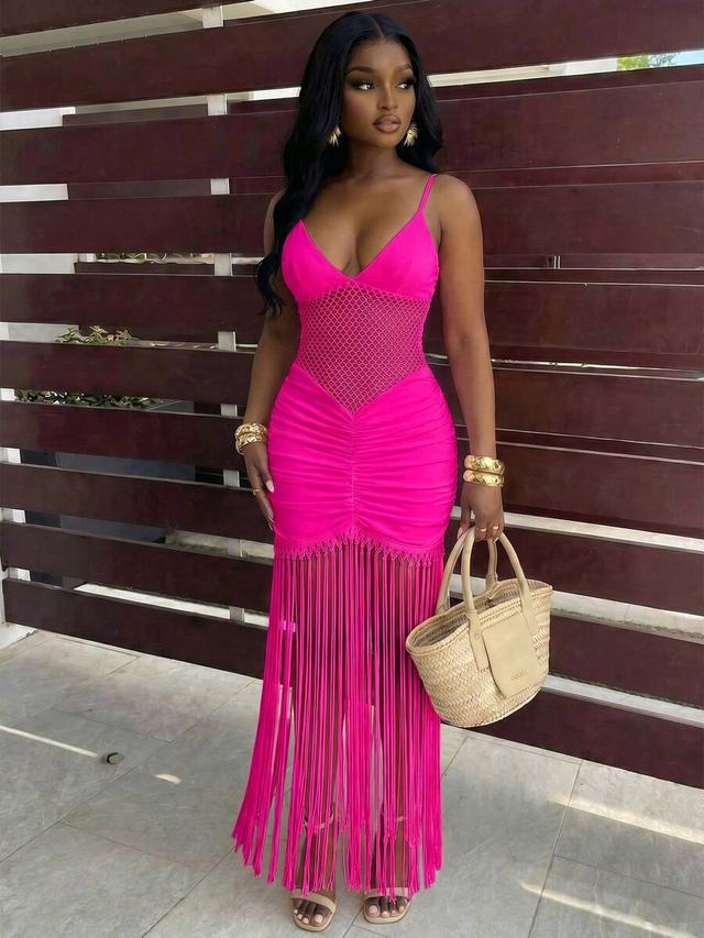 hot pink backless mesh cutout tassel hem cami dress