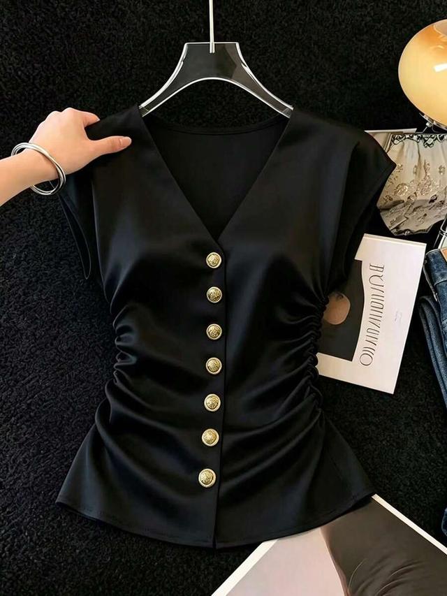 black v-neck satin blouse with side ruching