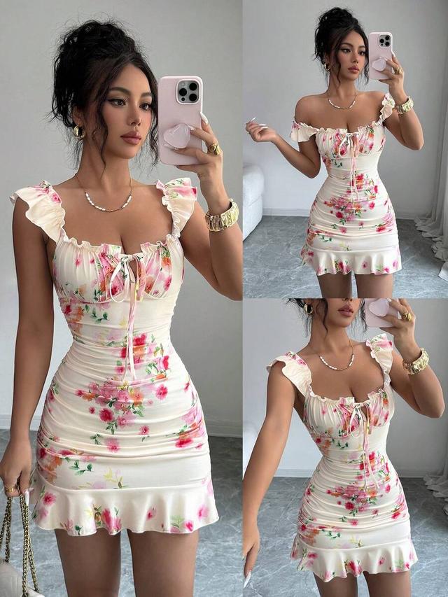 vavabold ruffle hem floral print fitted sleeveless dress