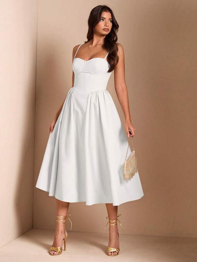 white corset-style midi dress with pleated skirt