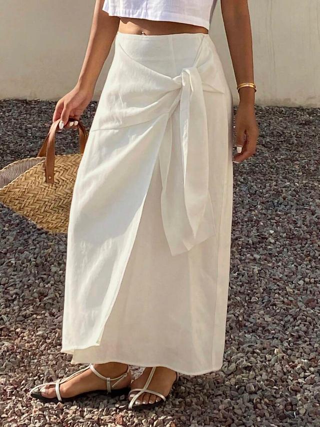 white linen blend waist tie wrap skirt